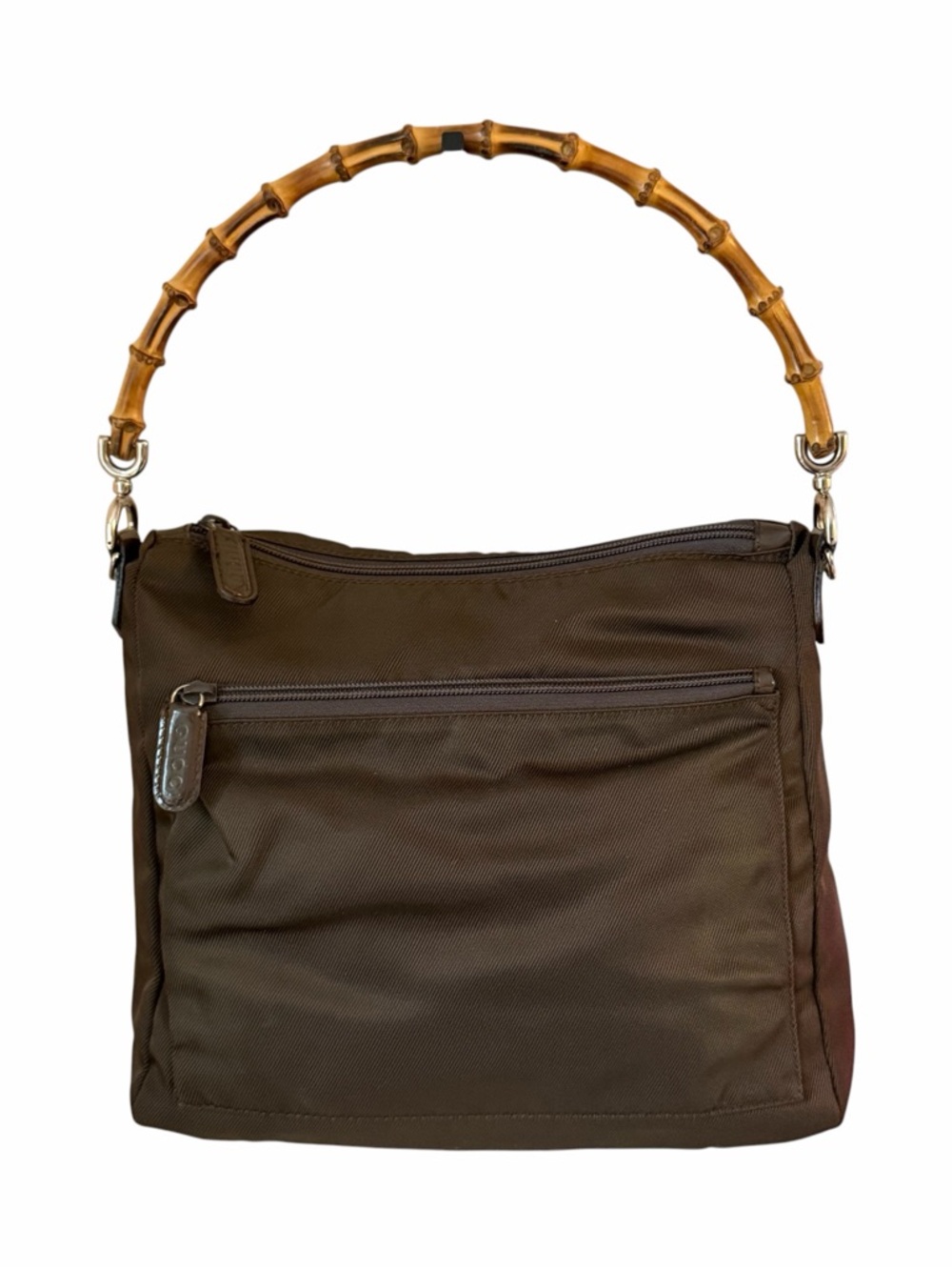Gucci Brown Nylon Bamboo Handle Shoulder Bag Patent Leather Trim